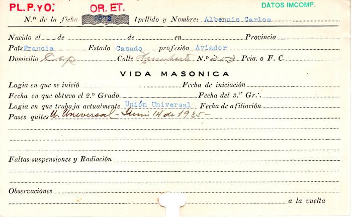 Ficha de miembro de Carlos Albenois.