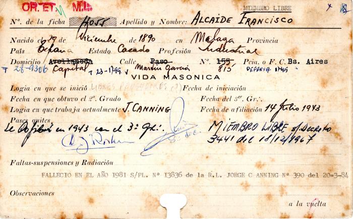 Ficha de miembro de Francisco Alcaide.