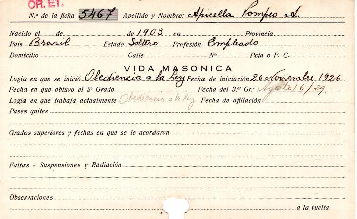 Ficha de miembro de Pompeo A. Apicella.