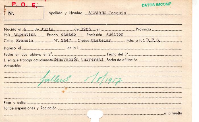 Ficha de miembro de Joaquín Alvarez.