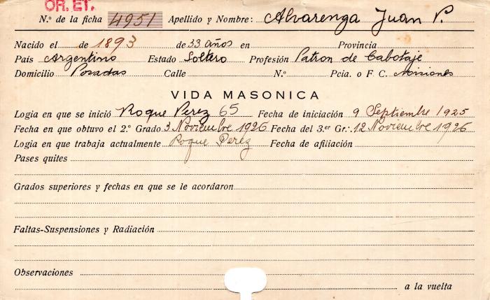 Ficha de miembro de Juan P. Alvarenga.
