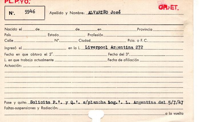 Ficha de miembro de José Alvariño.