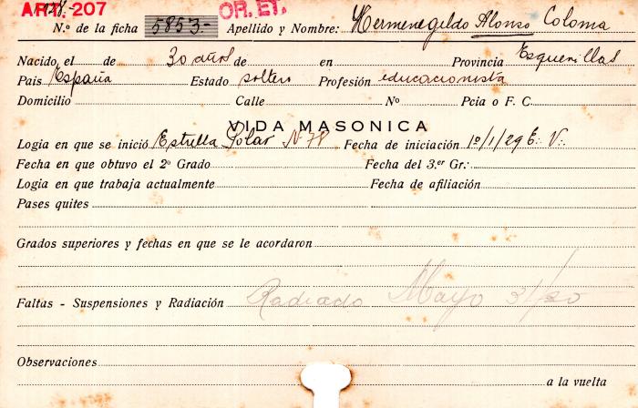 Ficha de miembro de Hermenegildo	Alonso Coloma.