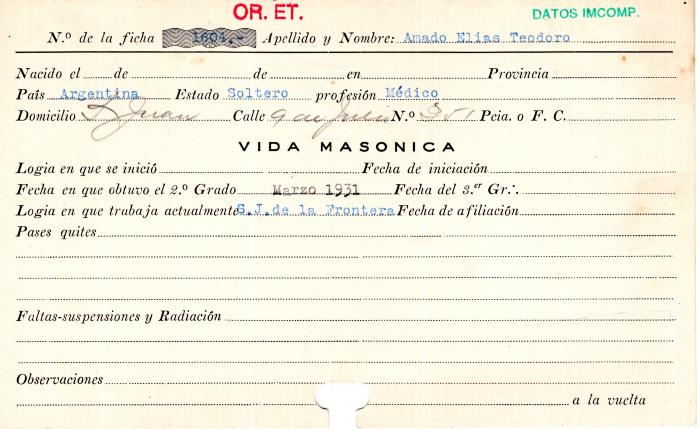 Ficha de miembro de Elias Teodoro Amado.