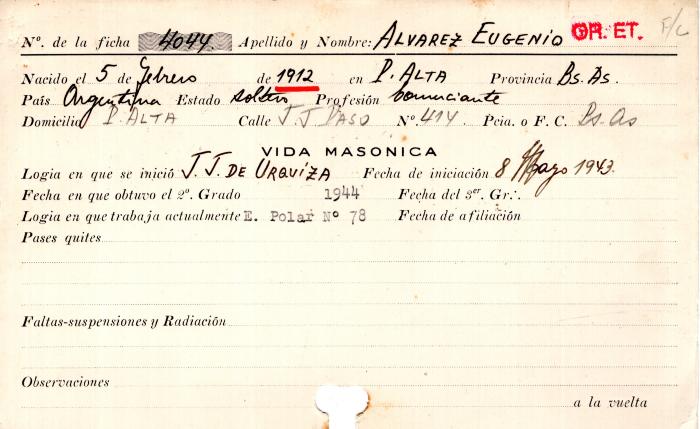 Ficha de miembro de Eugenio Alvarez.