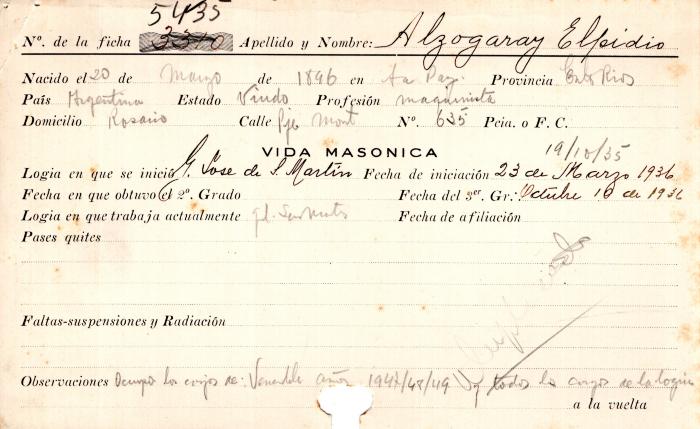 Ficha de miembro de Elpidio Alzogaray.