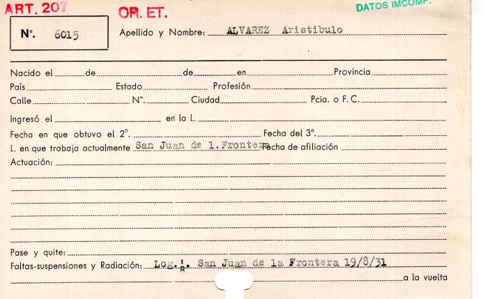 Ficha de miembro de Aristóbulo Alvarez.