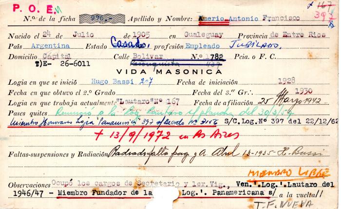 Ficha de miembro de Antonio Francisco Amerio.