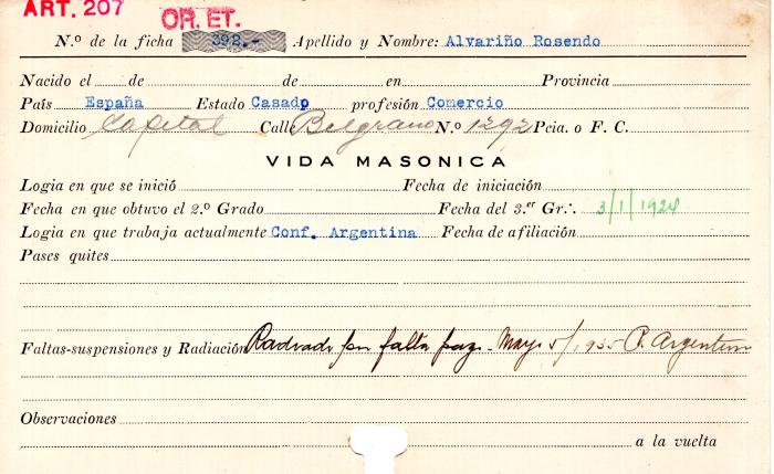 Ficha de miembro de Rosendo Alvariño.