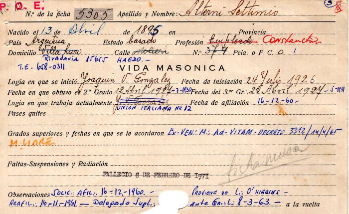 Ficha de miembro de Settimio Alterni.