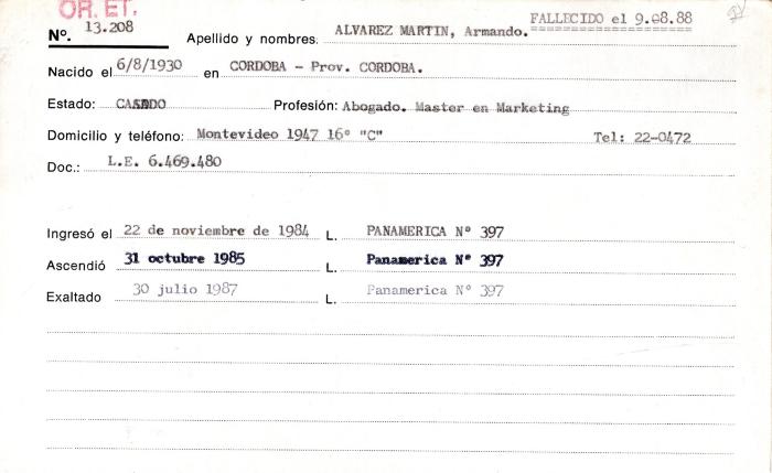 Ficha de miembro de Armando Alvarez Martin.