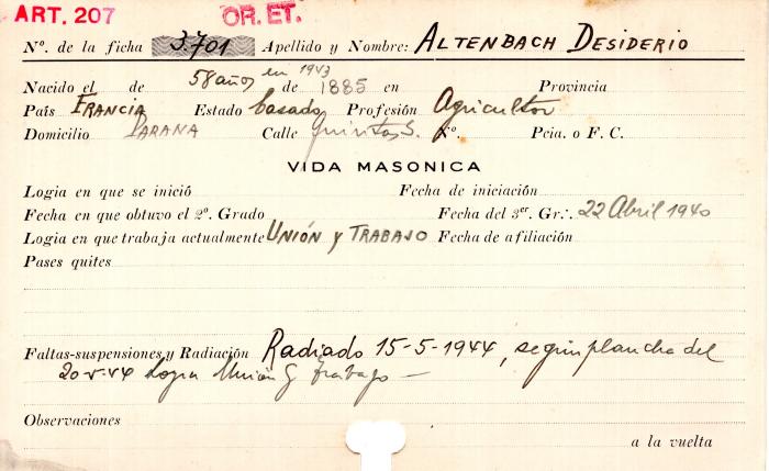 Ficha de miembro de Desiderio Altenbach.