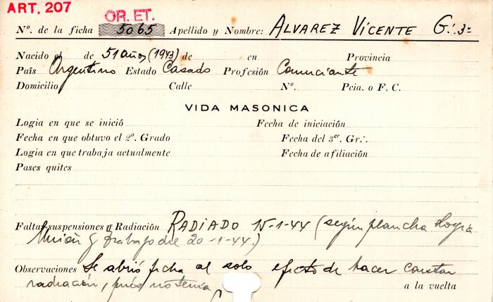 Ficha de miembro de Vicente Alvarez.