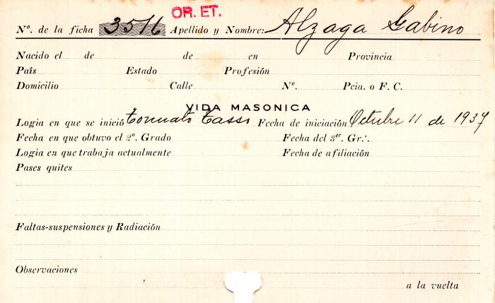 Ficha de miembro de Sabino Alzaga.