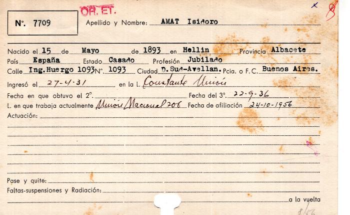 Ficha de miembro de Isidoro (o Isidro) Amat.