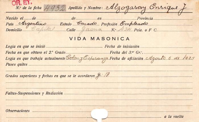 Ficha de miembro de Enrique J. Alzogaray.