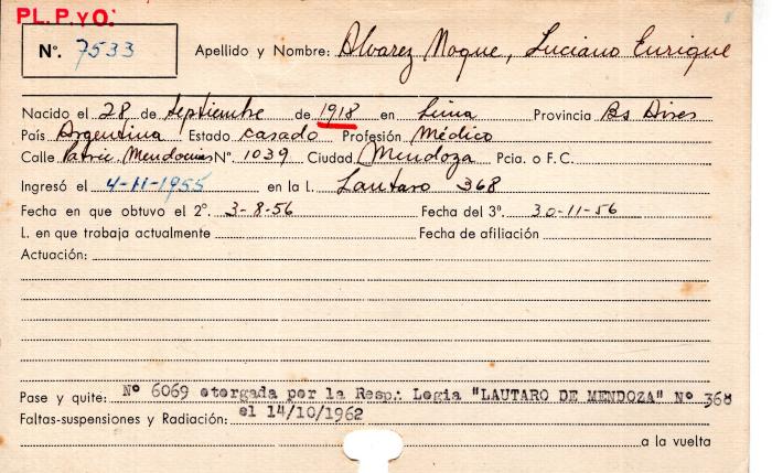 Ficha de miembro de Luciano Enrique Alvarez Moque.