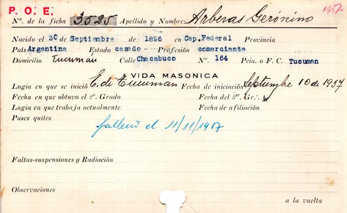 Ficha de miembro de Gerónimo Arberas.