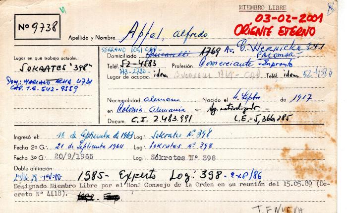 Ficha de miembro de Alfredo Apfel.