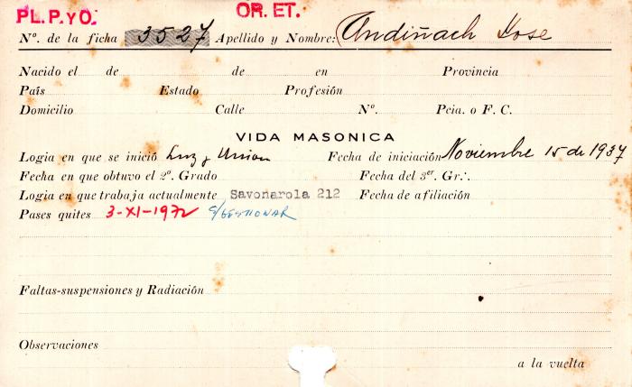 Ficha de miembro de José Andiñach.