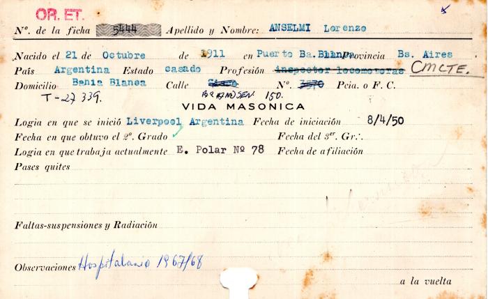 Ficha de miembro de Lorenzo Anselmi.