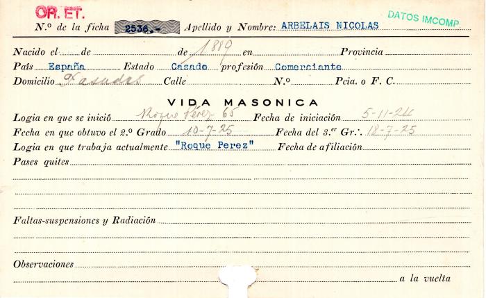 Ficha de miembro de Nicolás Arbelais.