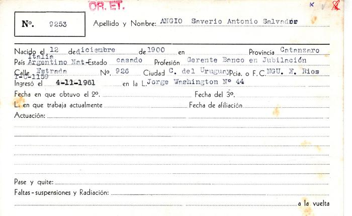 Ficha de miembro de Saverio Antonio Salvador Angio.
