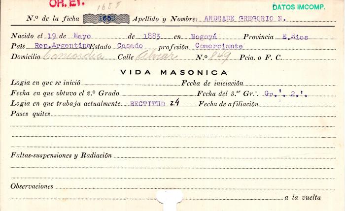 Ficha de miembro de Gregorio Andrade.