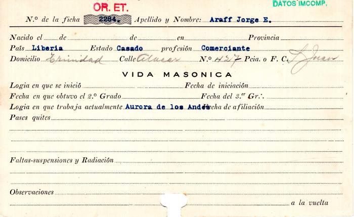 Ficha de miembro de Jorge E. Araff.
