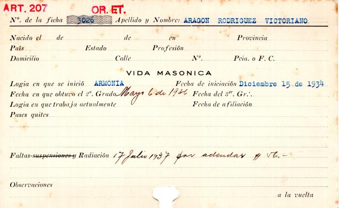 Ficha de miembro de Victoriano Aragon Rodríguez.