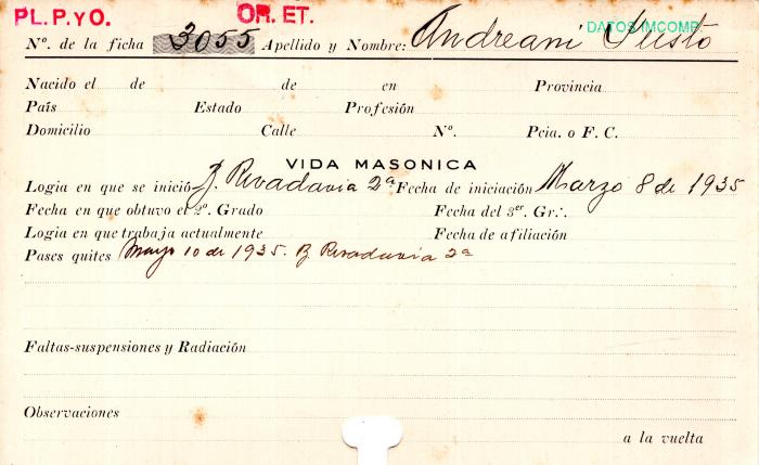 Ficha de miembro de Justo Andreani.