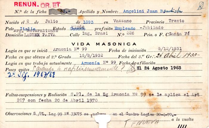 Ficha de miembro de Juan Bautista Angelini.