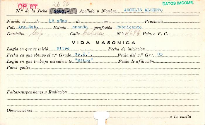 Ficha de miembro de Alberto Angelis.