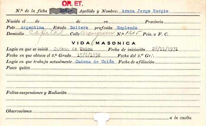 Ficha de miembro de Jorge Sergio Arana.