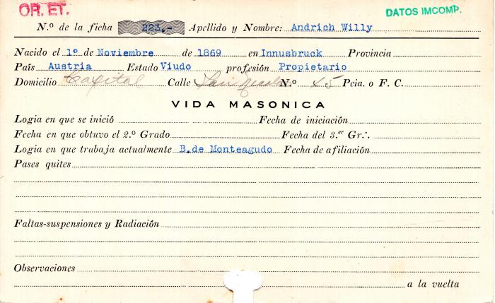 Ficha de miembro de Willy Andrich.
