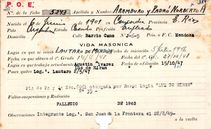 Ficha de miembro de Norberto Aramburo y Padró.