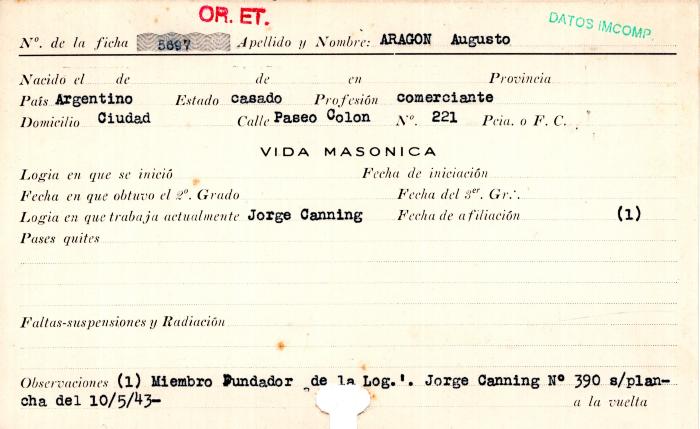 Ficha de miembro de Augusto Aragon.