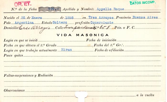 Ficha de miembro de Roque Appello.