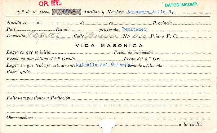 Ficha de miembro de Atilio Antomera.