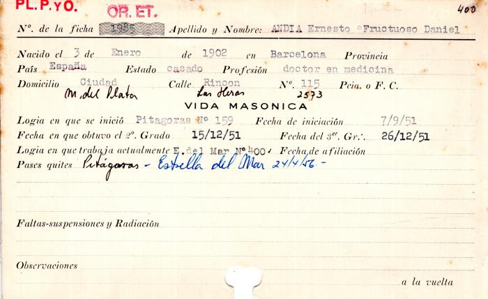 Ficha de miembro de Ernesto Fructuoso Daniel Andia.