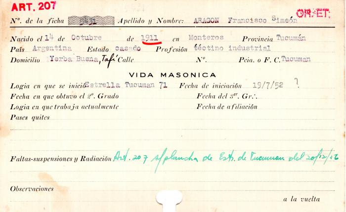 Ficha de miembro de Francisco	Simeón Aragon.