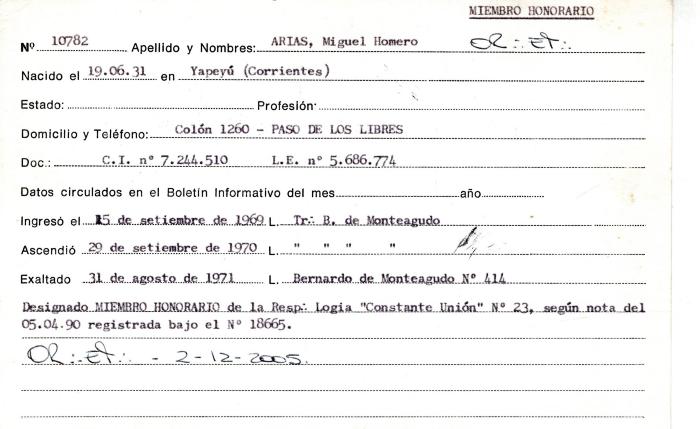 Ficha de miembro de Miguel Homero Arias.