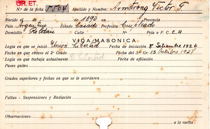 Ficha de miembro de Victor G. Armstrong.