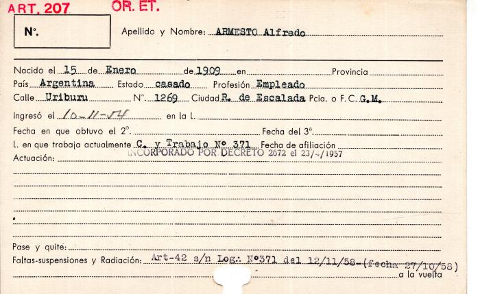 Ficha de miembro de Alfredo Armesto.