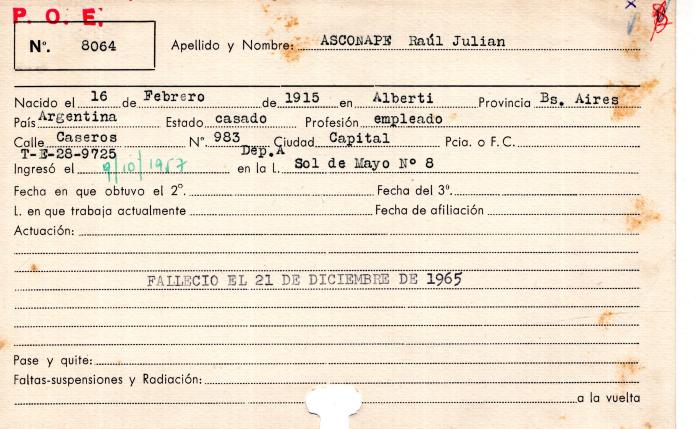 Ficha de miembro de Raúl Julián Asconape.