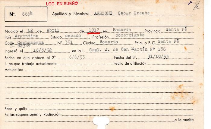 Ficha de miembro de Oscar Oreste Arrighi.