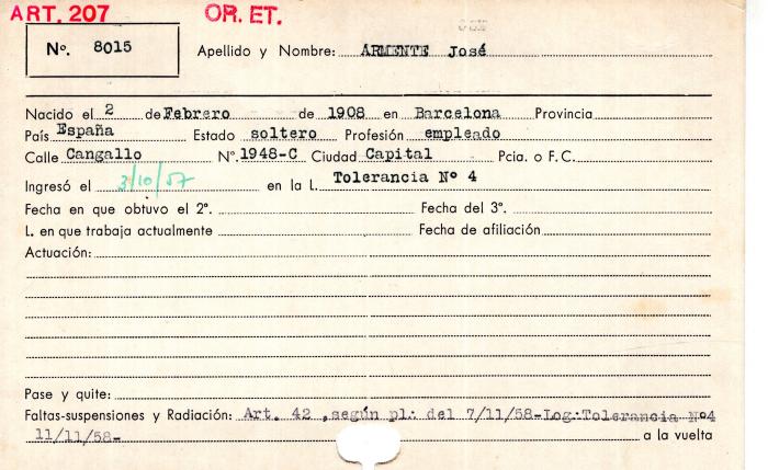 Ficha de miembro de José Armente.