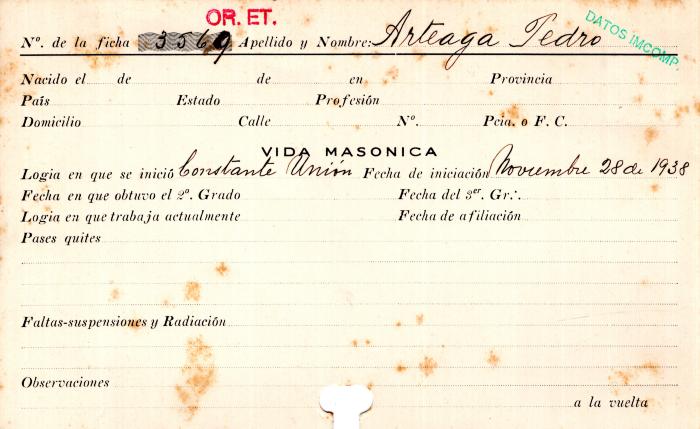 Ficha de miembro de Pedro Arteaga.
