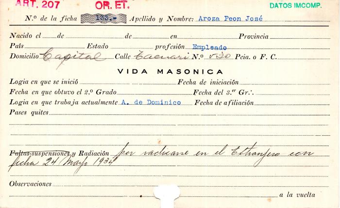 Ficha de miembro de José Aronza Peón.
