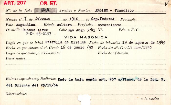 Ficha de miembro de Francisco Argiro.
